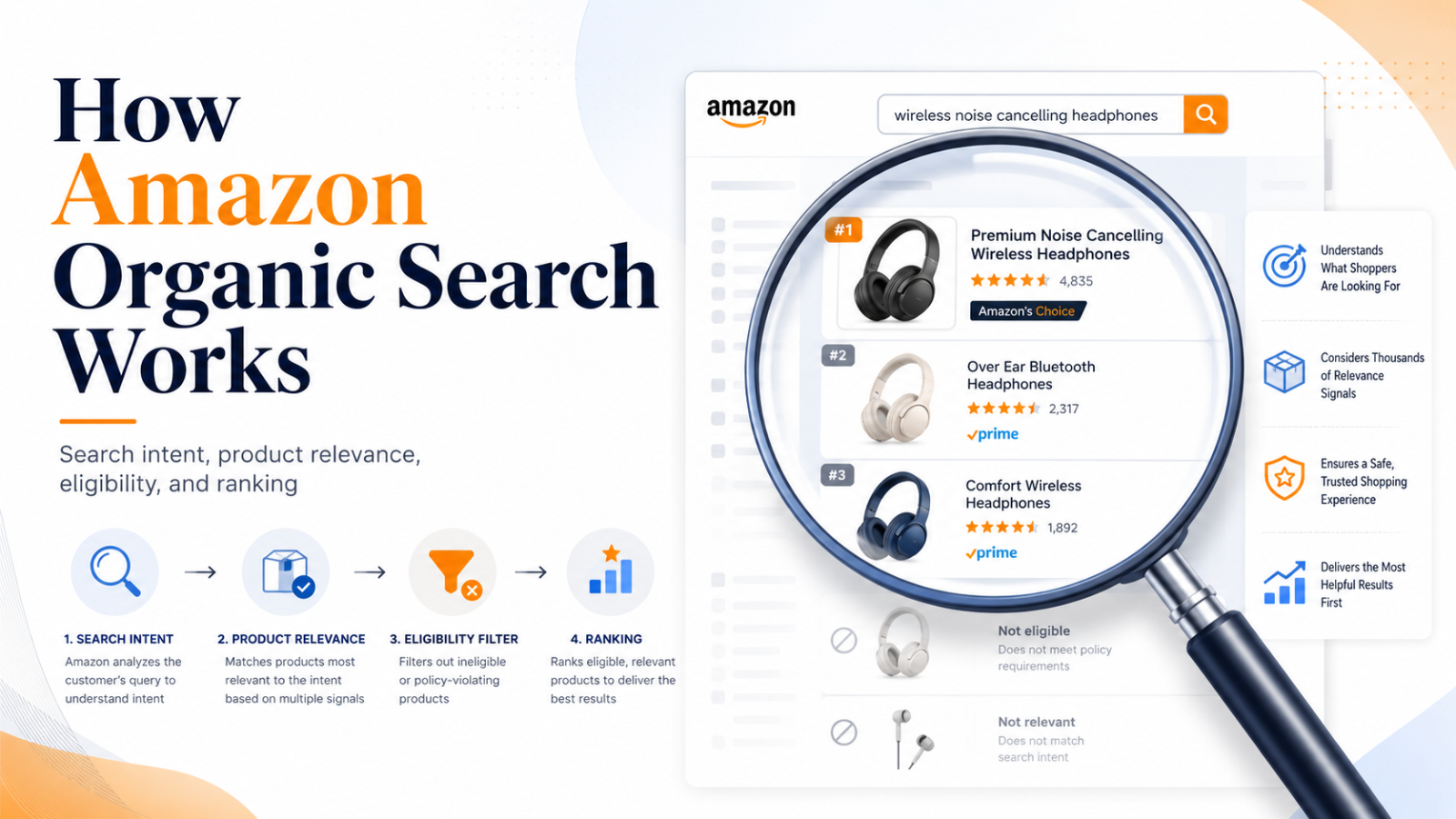 A side-by-side comparison of broad and specific Amazon search result pages with a seller highlighting changing competition sets
