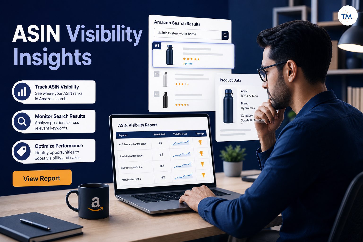 An Amazon seller studying an ASIN visibility report on a laptop while search results and product data panels float on the screen in a focused office setting