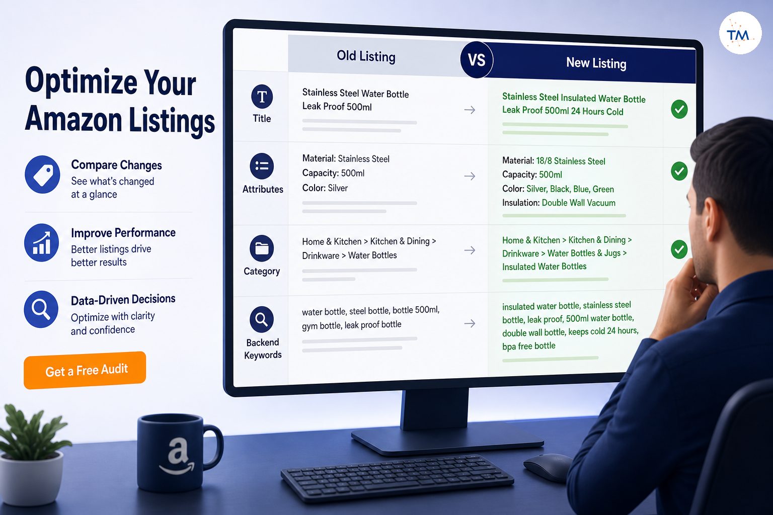 A seller comparing old and new Amazon listing versions with highlighted title, attribute, category, and backend keyword changes on a large monitor