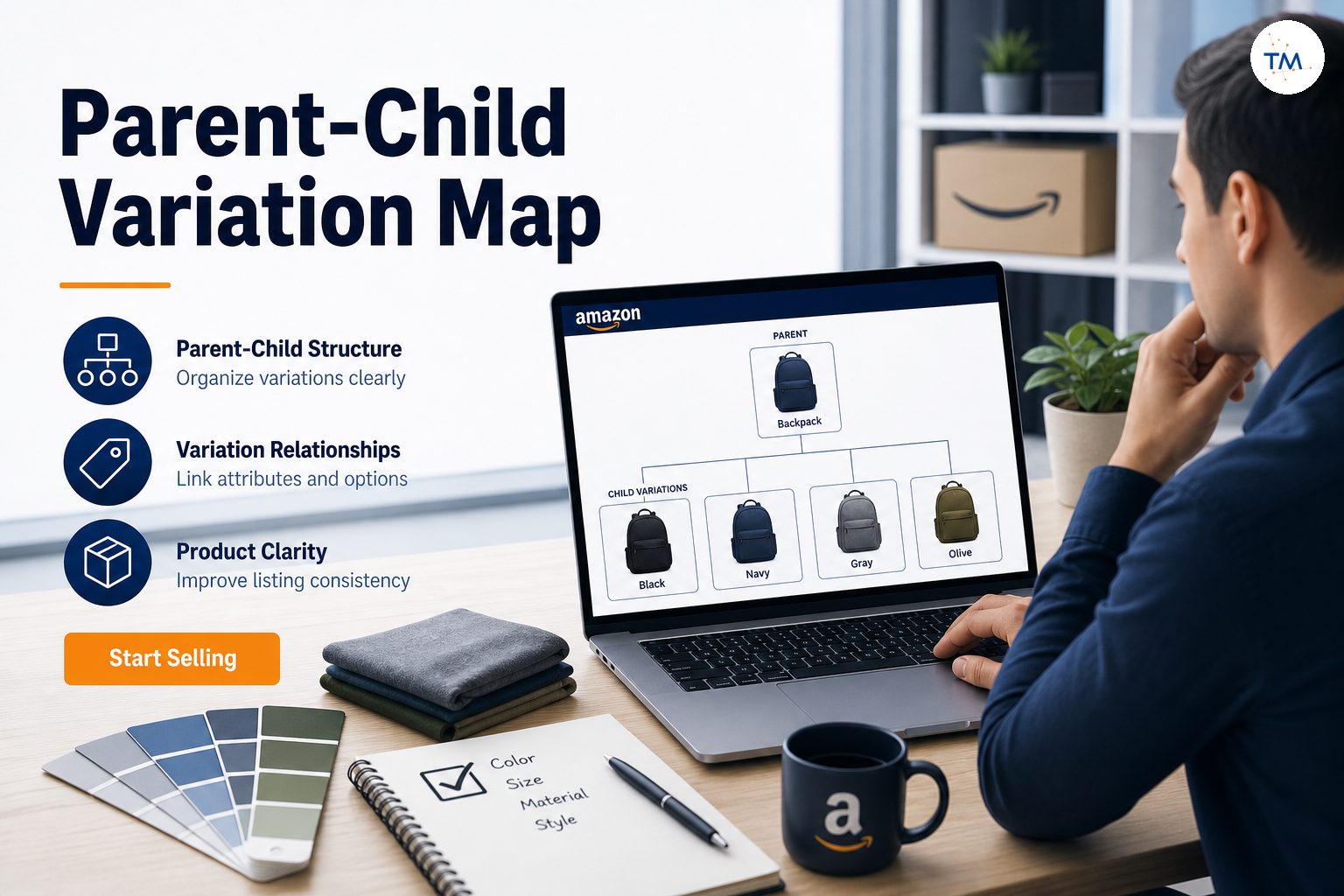 An Amazon seller reviewing a structured parent-child variation map on a laptop beside product samples in a bright office