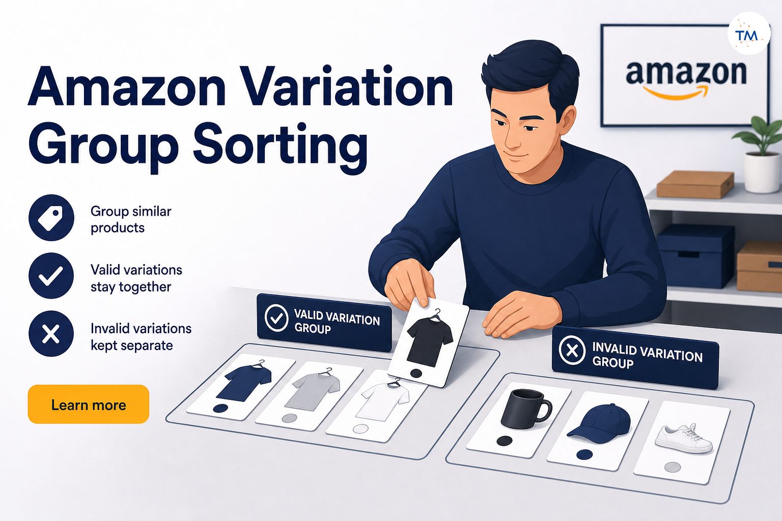 A seller sorting product samples into valid and invalid Amazon variation groups on a tabletop with labeled cards