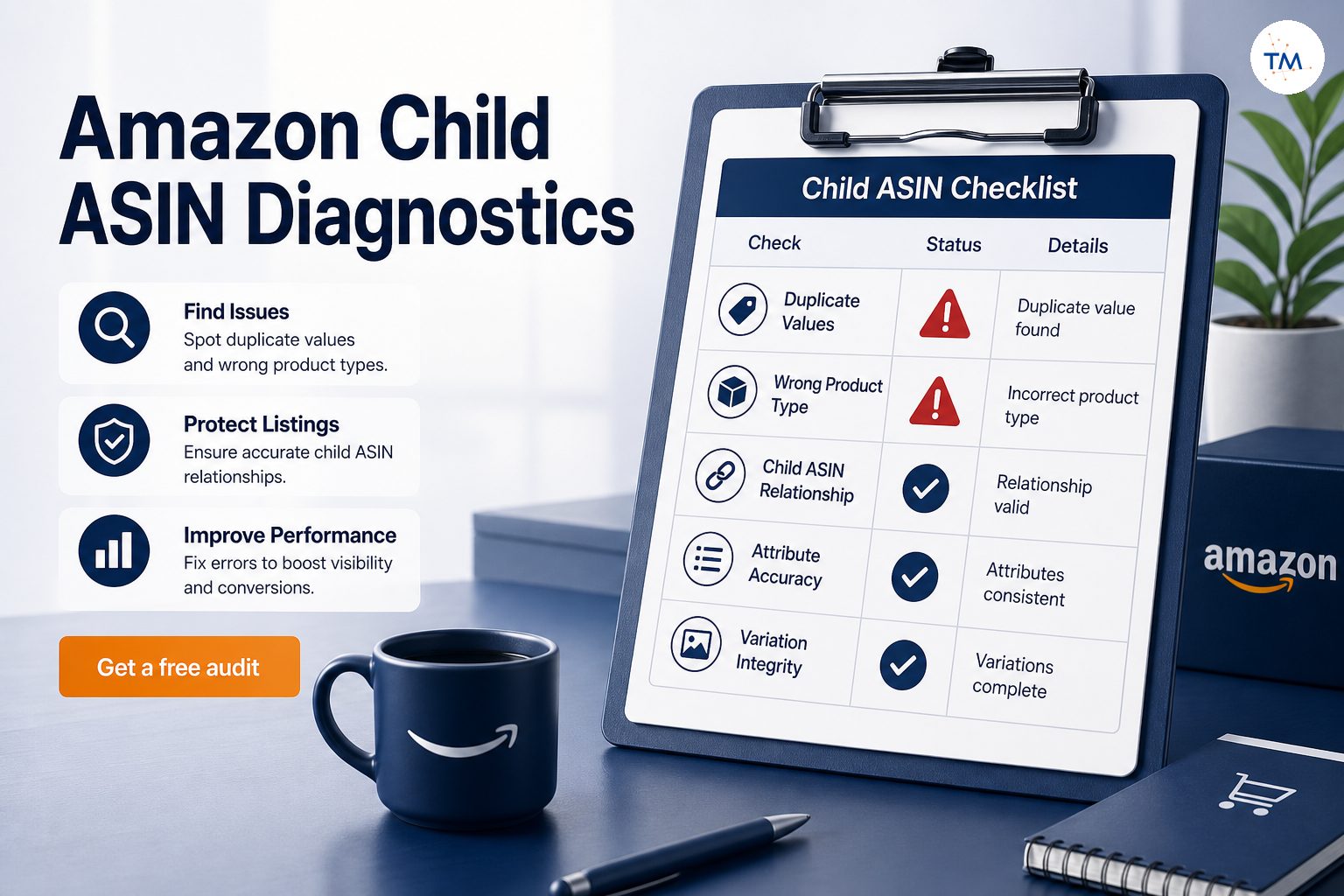 A checklist on a desk showing Amazon child ASIN diagnostics with red warning marks beside duplicate values and wrong product types
