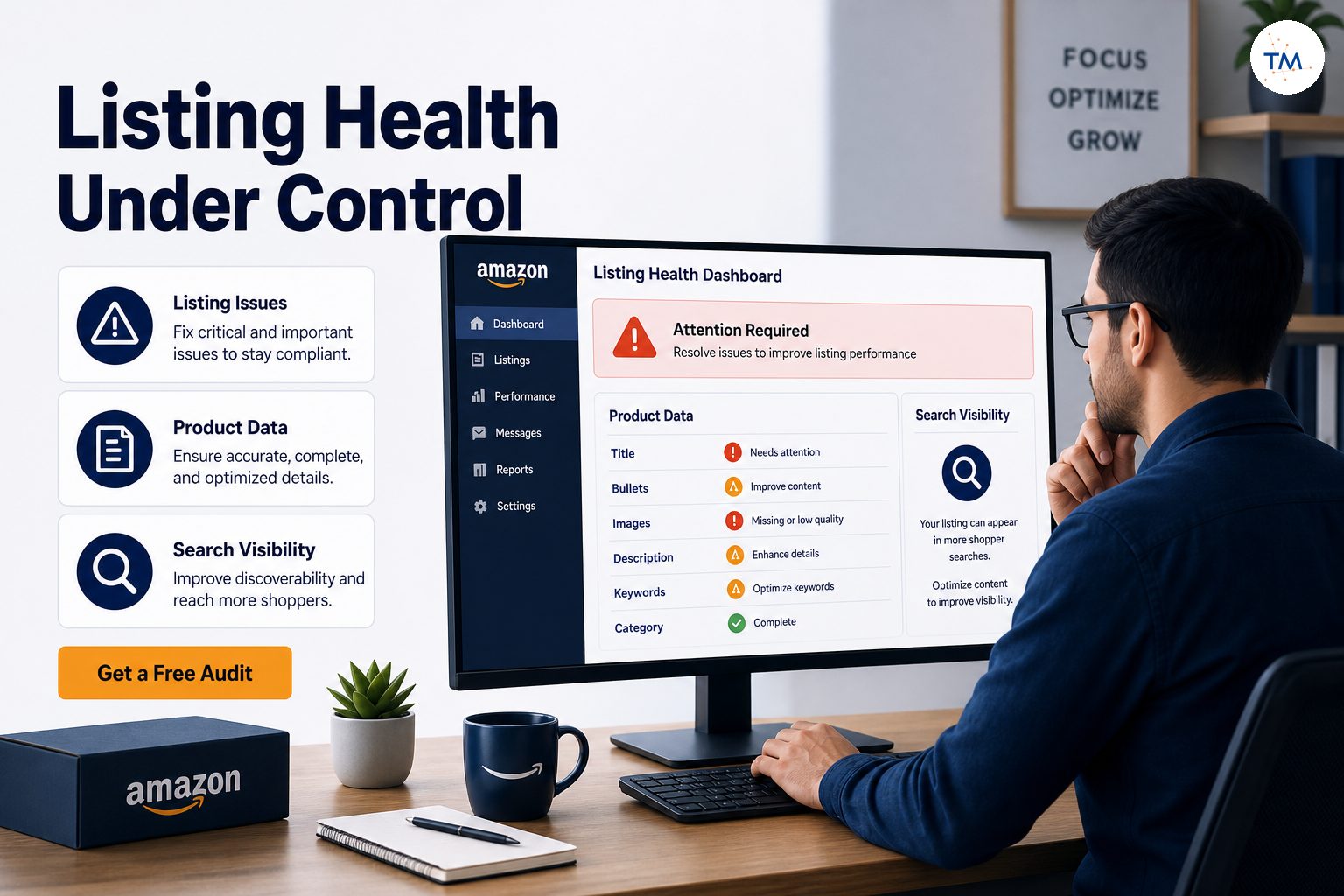 An Amazon seller studying a listing health dashboard with warning icons, product data fields, and search visibility notes on a large monitor in a focused office setting