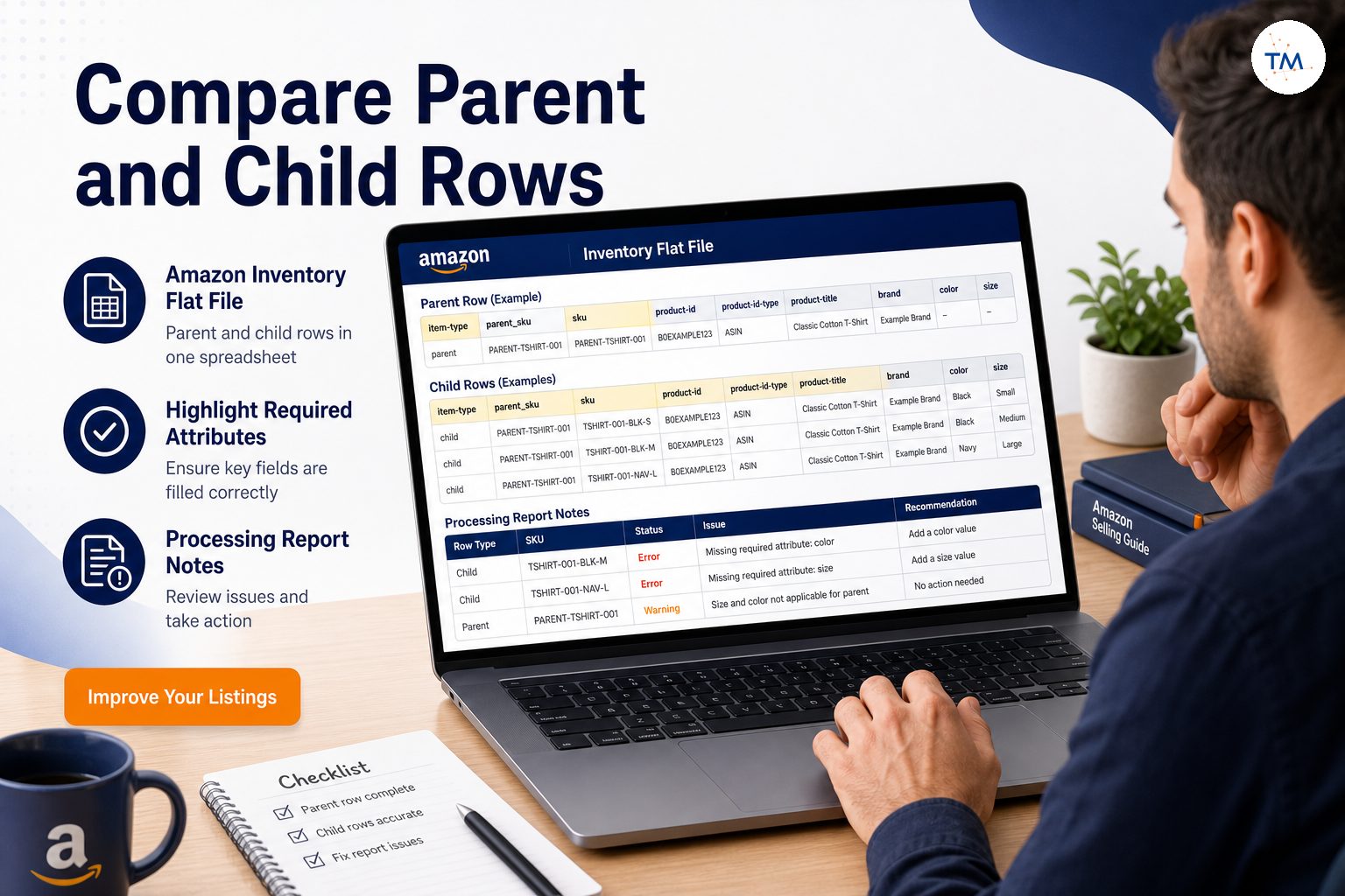 A catalog manager comparing parent and child rows in an Amazon inventory flat file, with highlighted required attributes and processing report notes on a laptop screen