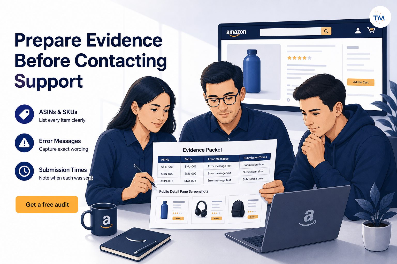 A calm Amazon operations team reviewing a clean evidence packet with ASINs, SKUs, error messages, submission times, and public detail page screenshots before contacting support