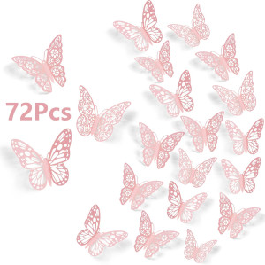 SAOROPEB 3D Butterfly Wall Decor, 72Pcs 3 Sizes 3 Styles, Pink Butterfly Decorations Removable Butterfly Stickers for Room Decor Party Balloon Addition Cake Decoration Flower Arrangements, Pink