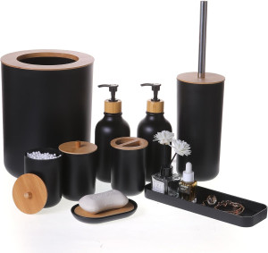 Matte Black Bathroom Accessories Set 9PCS,Bamboo B...