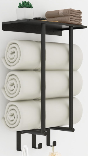 Towel Rack with Metal Shelf and 3 Hooks for Small...