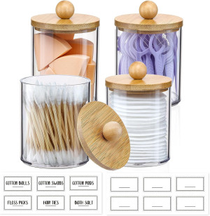 4 Pack Qtip Holder Dispenser with Bamboo Lids - 10...