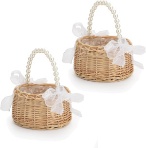 2 PCS Wicker Rattan Flower Girl Basket Wedding Flo...