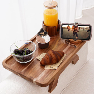 Nnewvante Couch Cup Holder Tray, 3 in 1 Large 15.36"x9.85" Acacia Wood Sofa Arm Clip on Tray Table with 360°Rotated Phone Drink Holer on Armrest