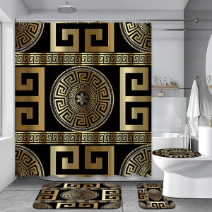 4 Pieces Bath Sets Geometric Black Gold Greek Key...
