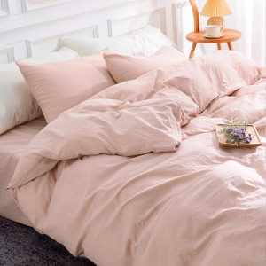 NEXHOME PRO Duvet Cover Set Kids Twin Size Linen Feel Textured Organic Natural 100% Washed Cotton Duvet Cover 2 Pieces Bedding Set with Zipper Closure, Breathable, Soft, Pink (No Comforter)