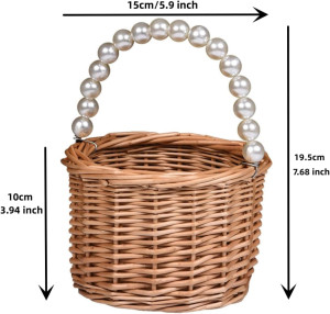 Wicker Rattan Flower Girl Basket,Pearl Handle Flow...