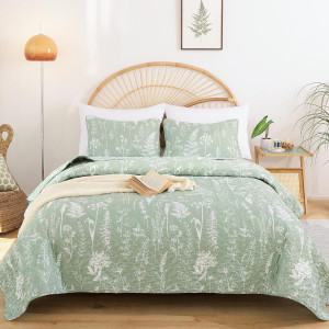JANZAA Sage Green Quilt Botanical Quilts Queen Siz...