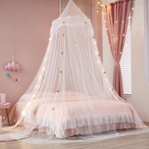 Bed Canopy with Lights for Girls,Gold Star Princes...