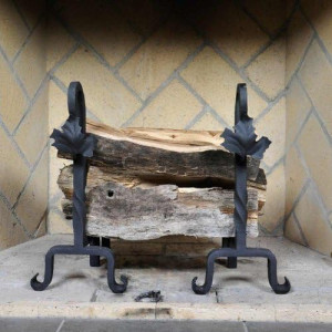 Maple Leaf Wrought Iron Fireplace andirons, Black