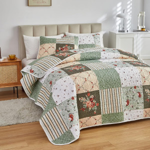 Patchwork Quilt Set Twin Size, 2 Pieces Green Whit...
