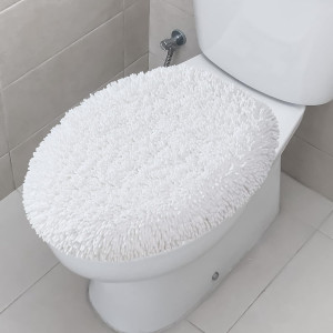 Shaggy Chenille Bathroom Toilet Lid Cover, Ultra Soft Plush Seat Covers, Fluffy Absorbent, 19x21 Inches, Standard Toilet Lids for Bathroom Machine Wash & Dry, White