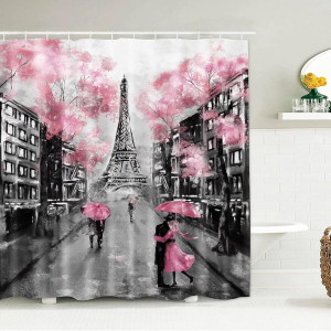 Chrainy 4Pcs Paris Eiffel Tower Pink Shower Curtai...