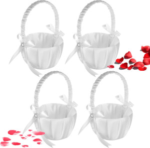 4PCS Wedding Flower Baskets, White Satin Bowknot F...