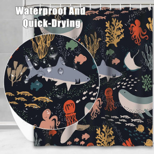 Shark Shower Curtain, Black Boho Ocean Fish Shower...