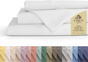 Linen Home 100% Cotton Percale Sheets Queen Size,...