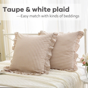 2 Pack Taupe Plaid Ruffle Euro Pillow Shams 26x26...