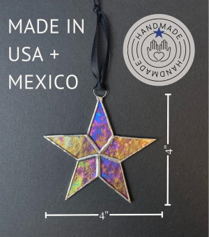 Handmade Iridescent Stained Glass Star with Heartf...