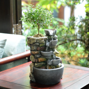 Indoor Fountain 4-Bowl Rockery Soothing Sound Tabl...