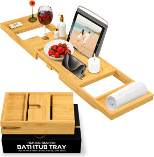 Bathtub Tray - Luxurious Bamboo Wood Bath Tub Tray...