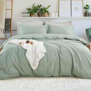 EMME Cotton Twin Duvet Cover Sage Green 2-Piece Soft Cotton Twin XL Comforter Cover Bedding Collection Solid Color Button Closure & Corner Ties (Sage Green, Twin/Twin XL)