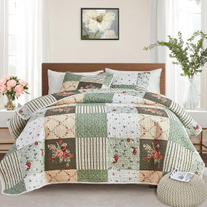 Patchwork Quilt Set Twin Size, 2 Pieces Green Whit...
