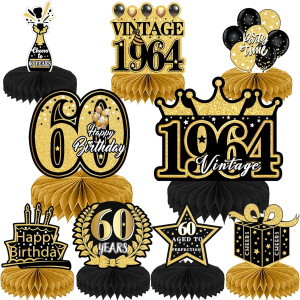 9Pcs 60th Birthday Party Decorations - 60th Birthday Decor Men Women Black Gold Vintage Table Centerpieces Supplies 60 Years Birthday Party Decoration 1964 Aged to Perfection Tables Toppers