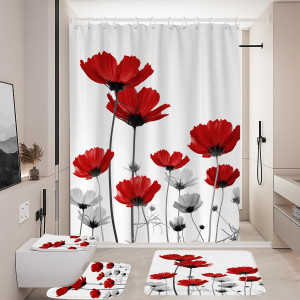 Coxila Red Floral Shower Curtain Sets Poppy Grey W...