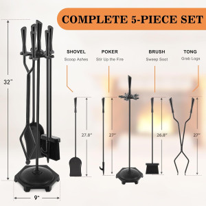 Gtongoko 5 Pcs Fireplace Tools Set 32" Black Wroug...