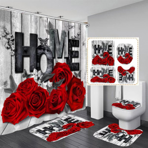 Red Rose 4 Pcs Shower Curtain Sets Non-Slip Rugs B...
