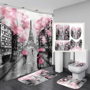 Chrainy 4Pcs Paris Eiffel Tower Pink Shower Curtai...