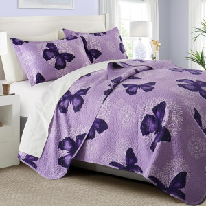 ARTALL 3-Piece Butterfly Printed Quilt Set Soft Mi...