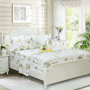 FADFAY 100% Cotton Bed Sheet Set 4-Piece Green Floral Sheet Set 1 Flat Sheet,1 Fitted Sheet and 2 Pillow Cases, Soft Comfortable Bedding Set - Twin Extra Long (Twin XL)