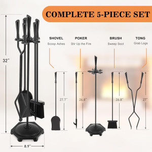 Gtongoko 5 Pcs Fireplace Tools Set 32" Black Wroug...