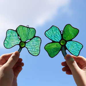 Shamrock Stained Glass Window Hanging, Four Leaf C...